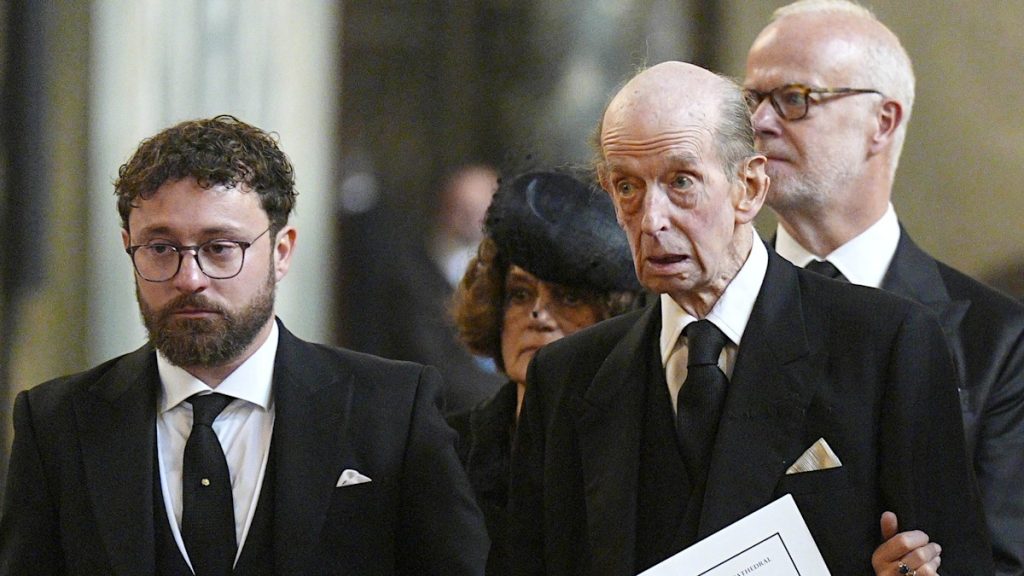 Duke of Kent supported through grandson Lord Downpatrick after Duchess of Kent’s funeral